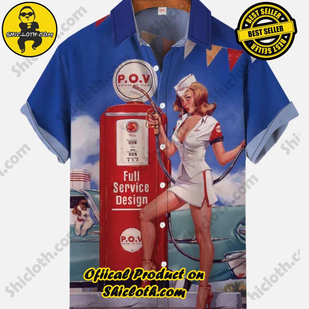 Hot Trending Fashion for Summer : Shiclothshop's Hawaiian Shirts 76 Vintage Pin Up Girl Poster Antique Red Petrol Pump And Beauty Printing Short Sleeve Shirt