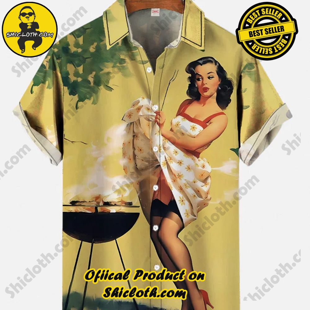 Hot Trending Fashion for Summer : Shiclothshop's Hawaiian Shirts 77 Vintage Pin Up Girl Poster BBQ Grill And Beauty Printing Short Sleeve Shirt