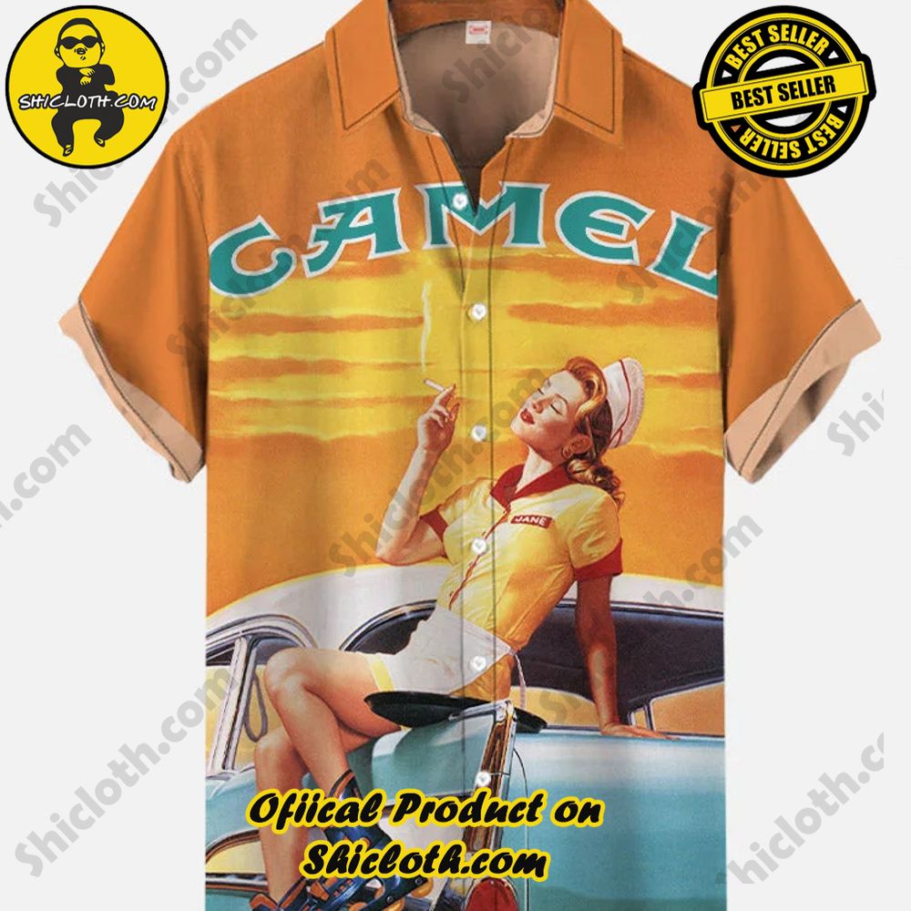 Hot Trending Fashion for Summer : Shiclothshop's Hawaiian Shirts 79 Vintage Pin Up Girl Poster Camel Roller Skates Girl Printing Short Sleeve Shirt