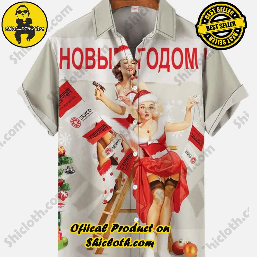 Hot Trending Fashion for Summer : Shiclothshop's Hawaiian Shirts 80 Vintage Pin Up Girl Poster Christmas Santa Claus Girls Printing Short Sleeve Shirt