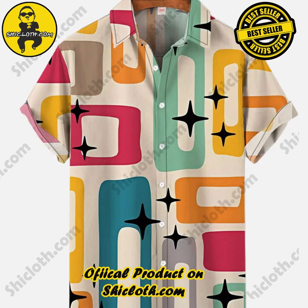 Hot Trending Fashion for Summer : Shiclothshop's Hawaiian Shirts 30 Mid Century Modern Style Abstract Geometric Wide-Sided Rectangular Black Star Printing Short Sleeve Shirt