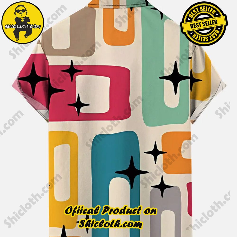Mid Century Modern Style Abstract Geometric Wide-Sided Rectangular Black Star Printing Short Sleeve Shirt 2 Mid Century Modern Style Abstract Geometric Wide-Sided Rectangular Black Star Printing Short Sleeve Shirt - Image 2