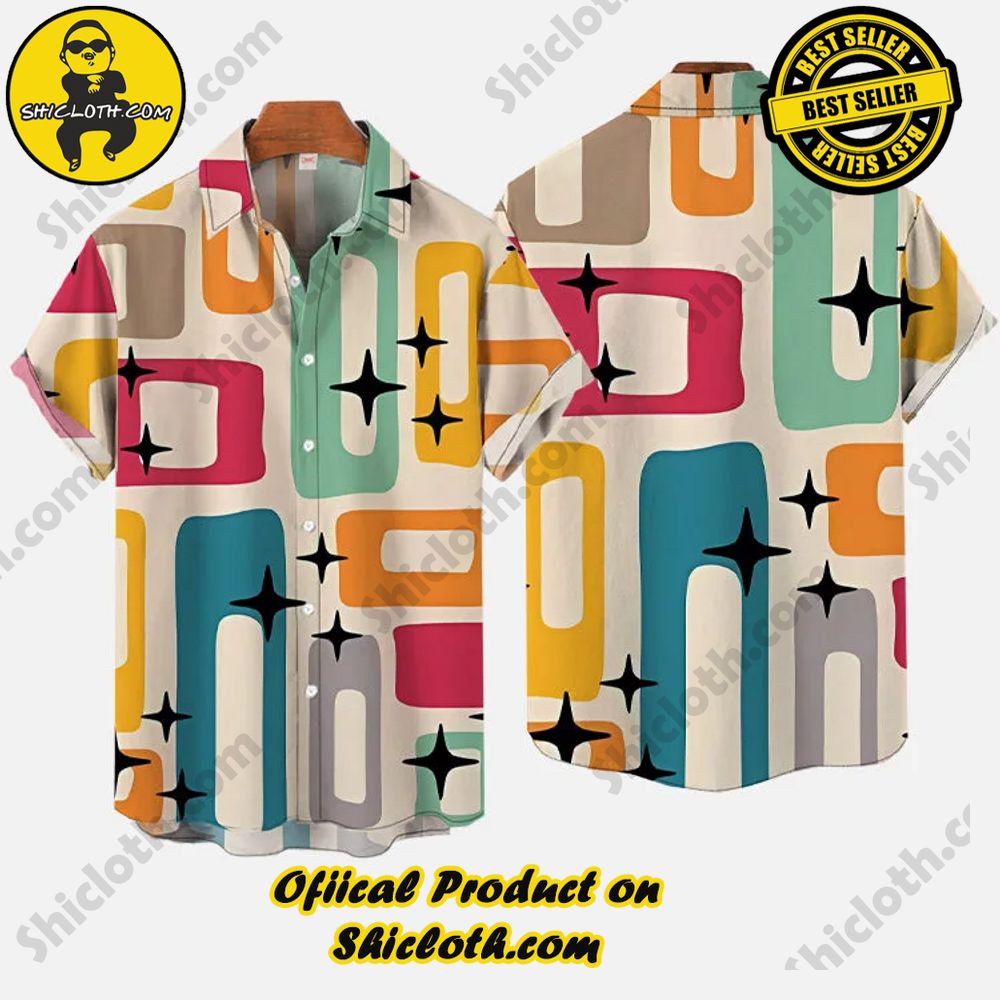 Mid Century Modern Style Abstract Geometric Wide-Sided Rectangular Black Star Printing Short Sleeve Shirt 3 Mid Century Modern Style Abstract Geometric Wide-Sided Rectangular Black Star Printing Short Sleeve Shirt - Image 3