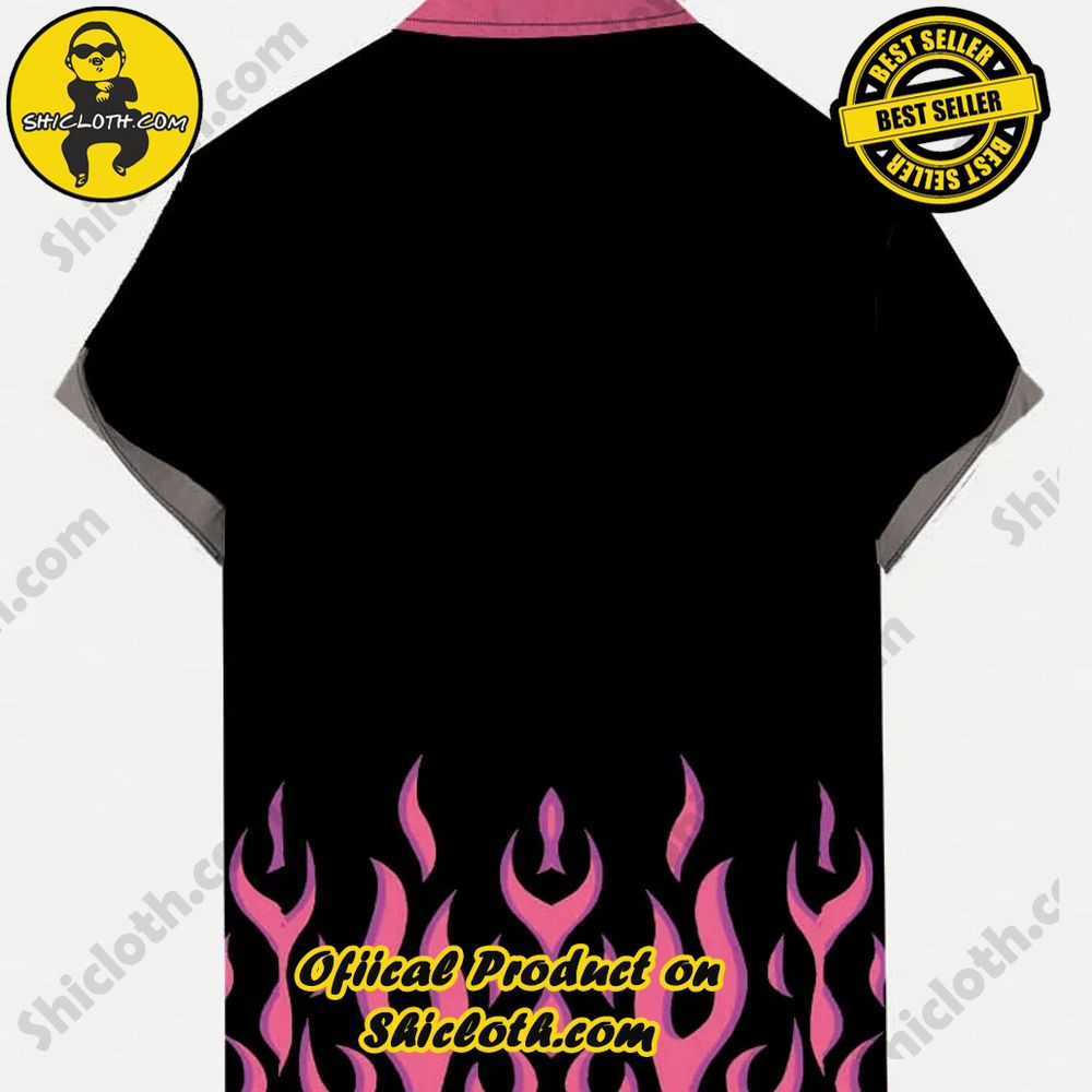 Pink Burning Fire Flame Black Pink Contrasting Color Printing Short Sleeve Shirt 2 Pink Burning Fire Flame Black Pink Contrasting Color Printing Short Sleeve Shirt - Image 2