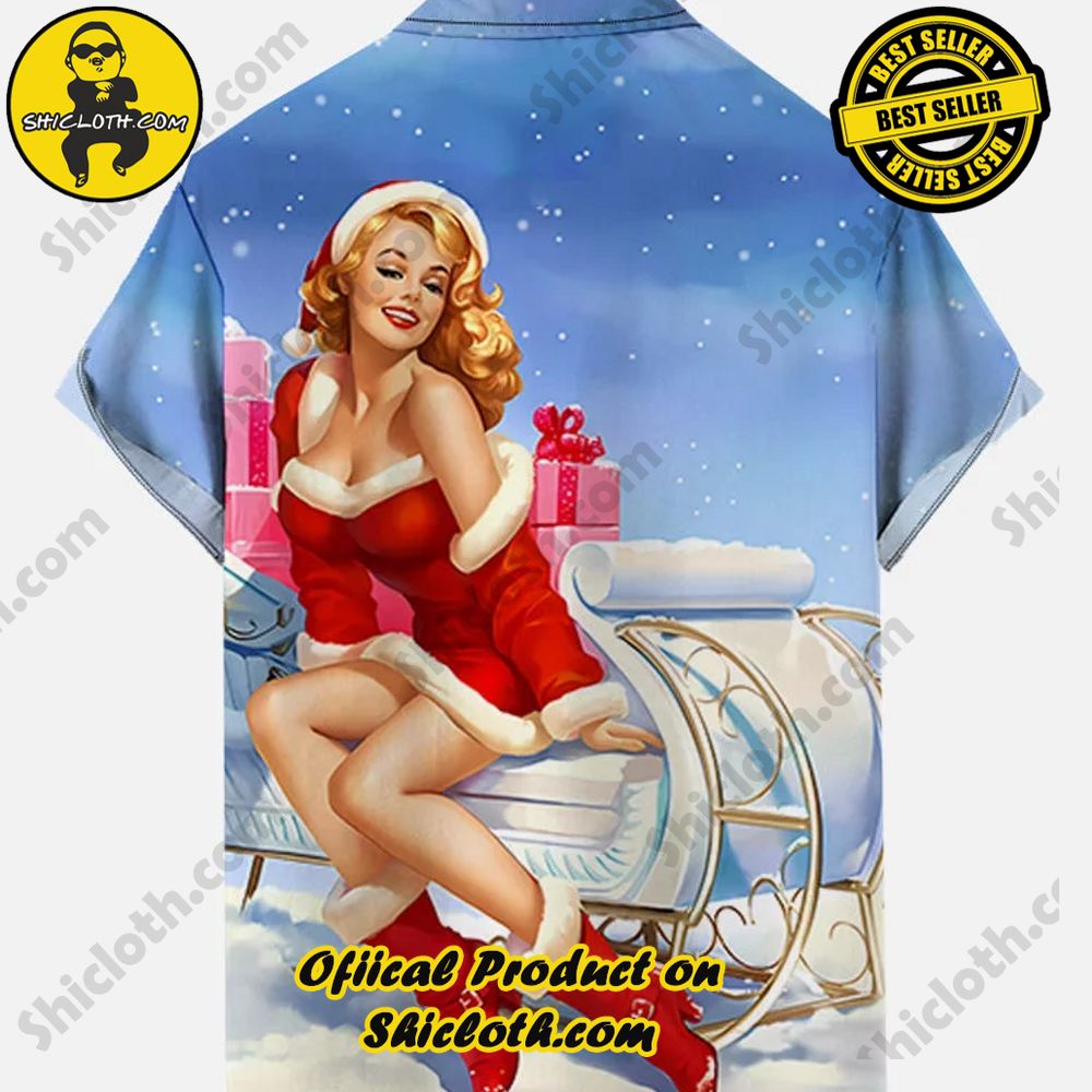 Vintage Pin Up Girl Poster Christmas Santa Girl And Sleigh Printing Breast Pocket Short Sleeve Shirt Version 1 2 Vintage Pin Up Girl Poster Christmas Santa Girl And Sleigh Printing Breast Pocket Short Sleeve Shirt Version 1 - Image 2