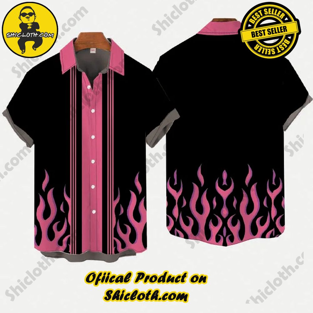 Pink Burning Fire Flame Black Pink Contrasting Color Printing Short Sleeve Shirt 3 Pink Burning Fire Flame Black Pink Contrasting Color Printing Short Sleeve Shirt - Image 3