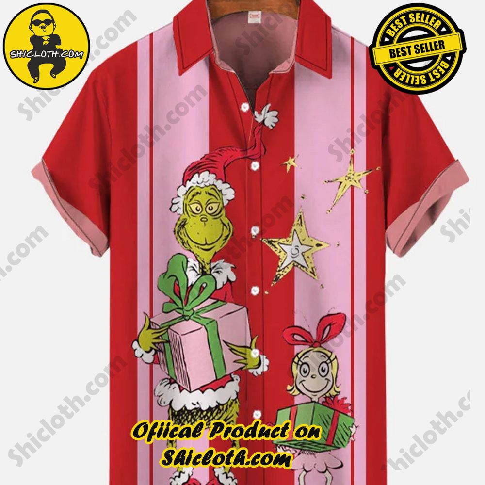Hot Trending Fashion for Summer : Shiclothshop's Hawaiian Shirts 32 Pink Red Stripes Contrasting Color And Christmas Furry Monsters and Gifts Printing Short Sleeve Shirt