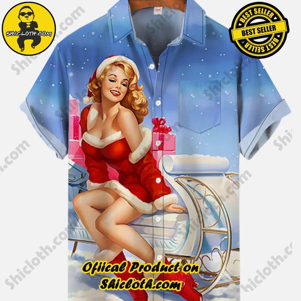 Hot Trending Fashion for Summer : Shiclothshop's Hawaiian Shirts 82 Vintage Pin Up Girl Poster Christmas Santa Girl And Sleigh Printing Breast Pocket Short Sleeve Shirt Version 2