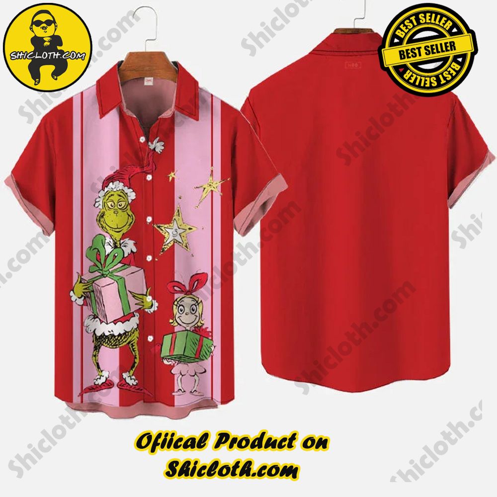 Pink Red Stripes Contrasting Color And Christmas Furry Monsters and Gifts Printing Short Sleeve Shirt 2 Pink Red Stripes Contrasting Color And Christmas Furry Monsters and Gifts Printing Short Sleeve Shirt - Image 2
