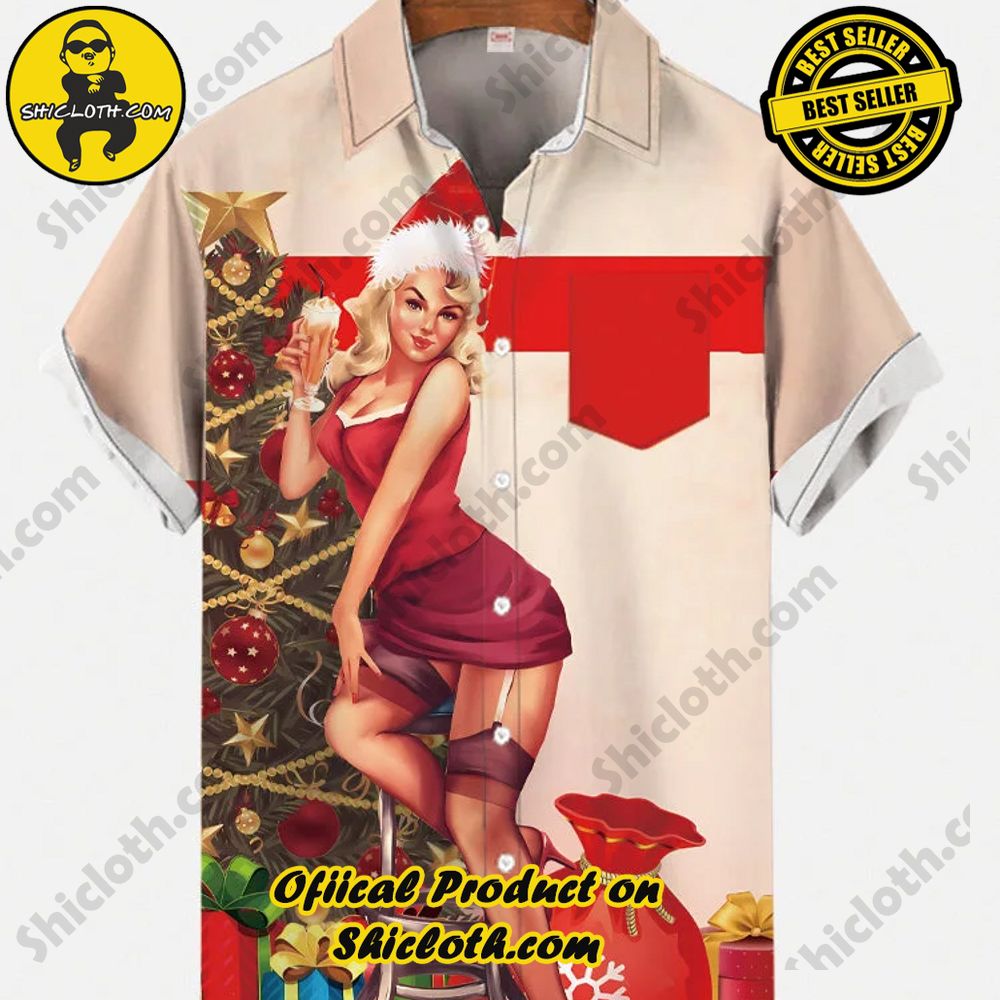 Hot Trending Fashion for Summer : Shiclothshop's Hawaiian Shirts 83 Vintage Pin Up Girl Poster Christmas Tree And Beauty Printing Breast Pocket Short Sleeve Shirt