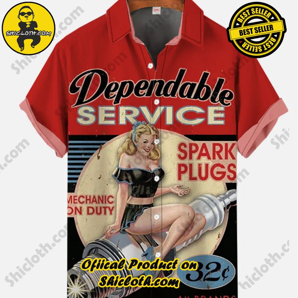 Hot Trending Fashion for Summer : Shiclothshop's Hawaiian Shirts 33 Red American Vintage Style Screw Girl Pin Up Girl Printing Short Sleeve Shirt