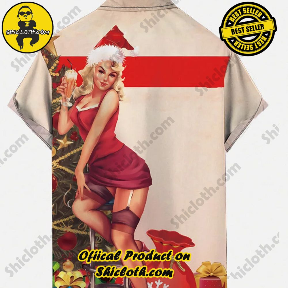 Vintage Pin Up Girl Poster Christmas Tree And Beauty Printing Breast Pocket Short Sleeve Shirt 2 Vintage Pin Up Girl Poster Christmas Tree And Beauty Printing Breast Pocket Short Sleeve Shirt - Image 2