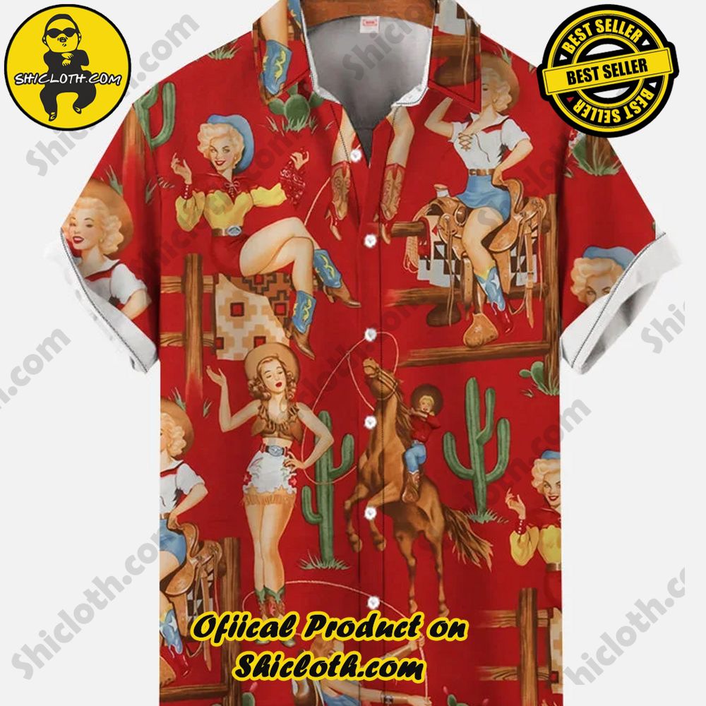Hot Trending Fashion for Summer : Shiclothshop's Hawaiian Shirts 34 Red Retro Western Cowgirl Pattern Printing Hawaiian Men's Short Sleeve Shirt