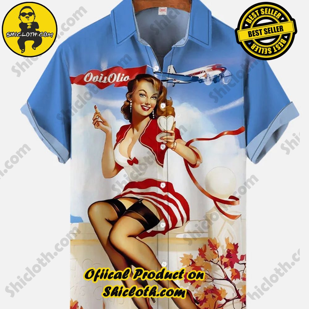 Hot Trending Fashion for Summer : Shiclothshop's Hawaiian Shirts 84 Vintage Pin Up Girl Poster Girl Sitting On The Wall And Airplane Printing Short Sleeve Shirt Version 1