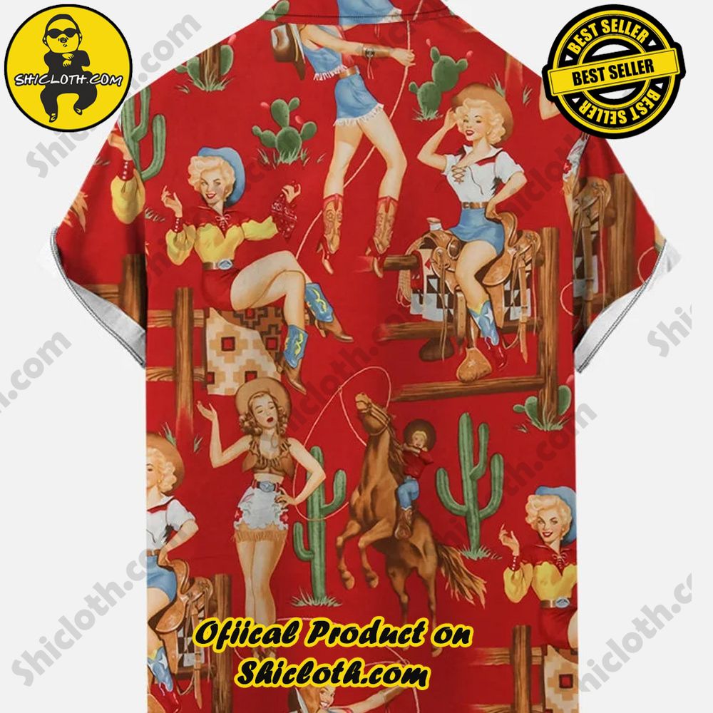 Red Retro Western Cowgirl Pattern Printing Hawaiian Men's Short Sleeve Shirt 2 Red Retro Western Cowgirl Pattern Printing Hawaiian Men's Short Sleeve Shirt - Image 2