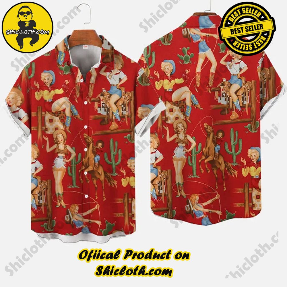 Red Retro Western Cowgirl Pattern Printing Hawaiian Men's Short Sleeve Shirt 3 Red Retro Western Cowgirl Pattern Printing Hawaiian Men's Short Sleeve Shirt - Image 3