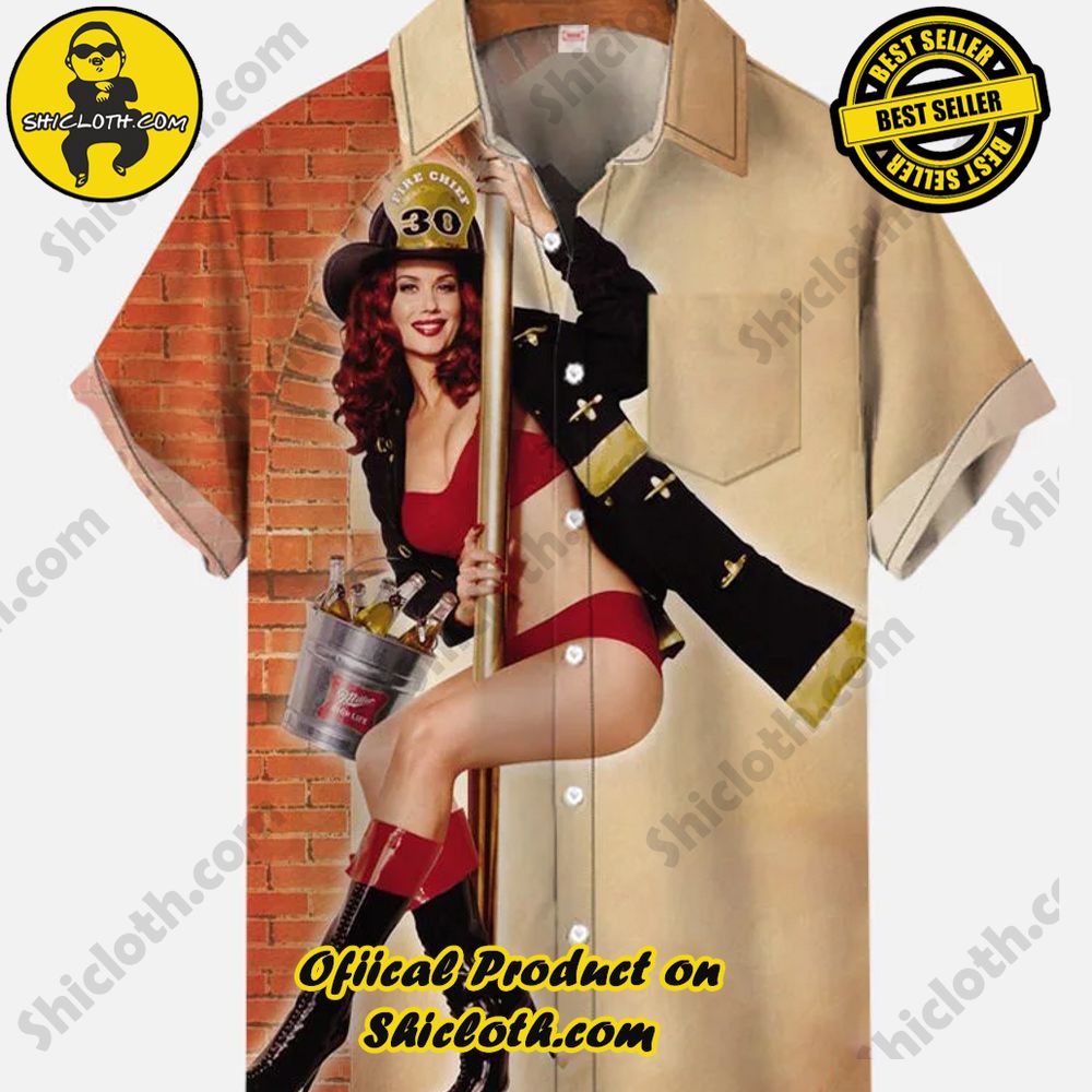 Hot Trending Fashion for Summer : Shiclothshop's Hawaiian Shirts 36 Retro Beautiful Dancing Beer Girl Printing Breast Pocket Short Sleeve Shirt