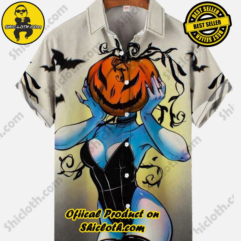 Hot Trending Fashion for Summer : Shiclothshop's Hawaiian Shirts 86 Vintage Pin Up Girl Poster Halloween Pumpkin Head Ghost Girl Printing Short Sleeve Shirt