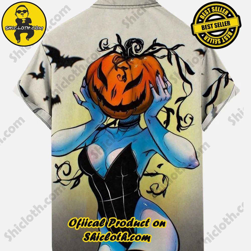 Vintage Pin Up Girl Poster Halloween Pumpkin Head Ghost Girl Printing Short Sleeve Shirt 2 Vintage Pin Up Girl Poster Halloween Pumpkin Head Ghost Girl Printing Short Sleeve Shirt - Image 2