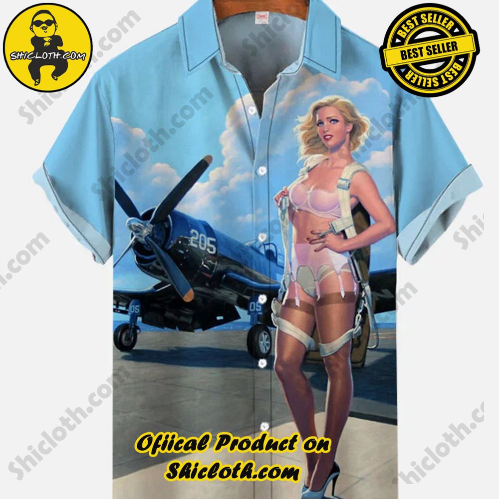 Hot Trending Fashion for Summer : Shiclothshop's Hawaiian Shirts 87 Vintage Pin Up Girl Poster Nostalgic Fighter Jet And Beauty At The Airport Printing Short Sleeve Shirt