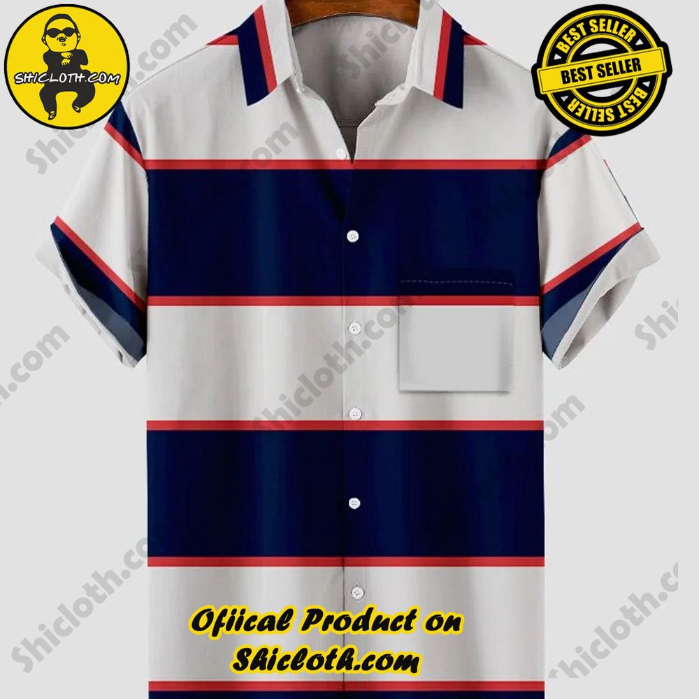 Hot Trending Fashion for Summer : Shiclothshop's Hawaiian Shirts 37 Retro Blue Wide Horizontal Stripe Turndown Collar Button Down Men's Short Sleeve Shirt