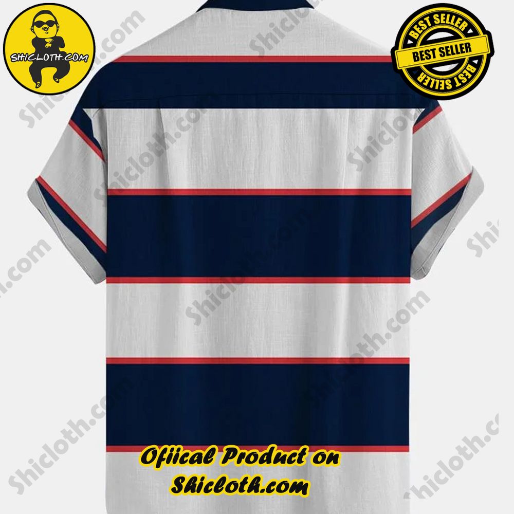 Retro Blue Wide Horizontal Stripe Turndown Collar Button Down Men's Short Sleeve Shirt 2 Retro Blue Wide Horizontal Stripe Turndown Collar Button Down Men's Short Sleeve Shirt - Image 2