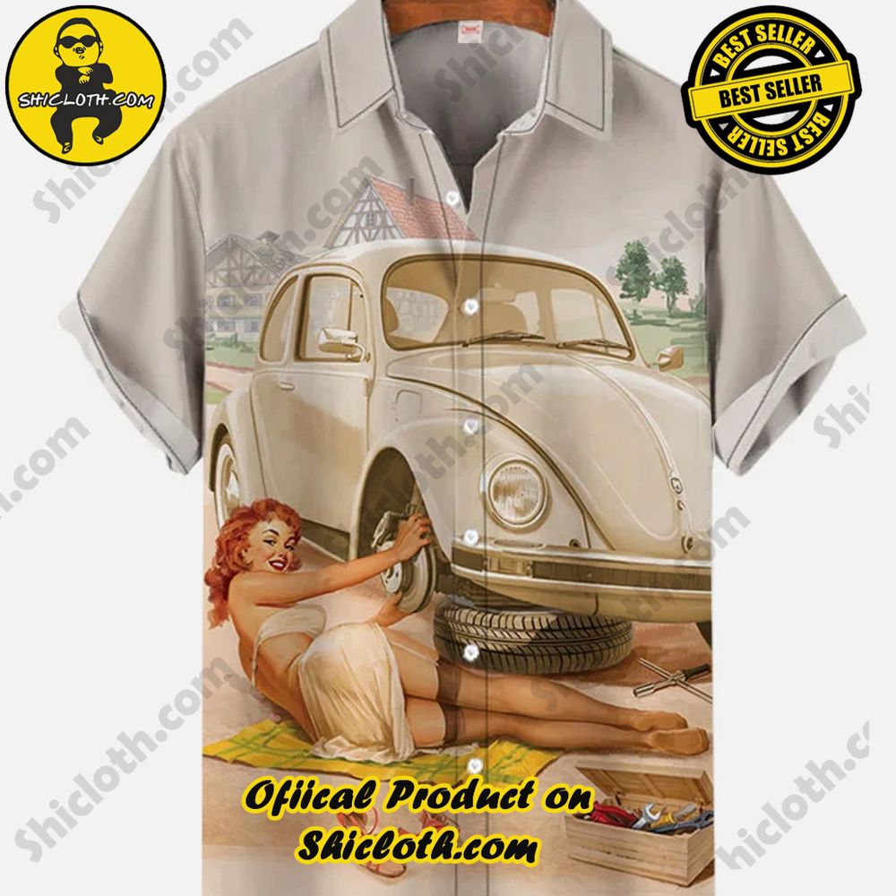 Hot Trending Fashion for Summer : Shiclothshop's Hawaiian Shirts 88 Vintage Pin Up Girl Poster Retro Car And Car Repair Girl Printing Short Sleeve Shirt