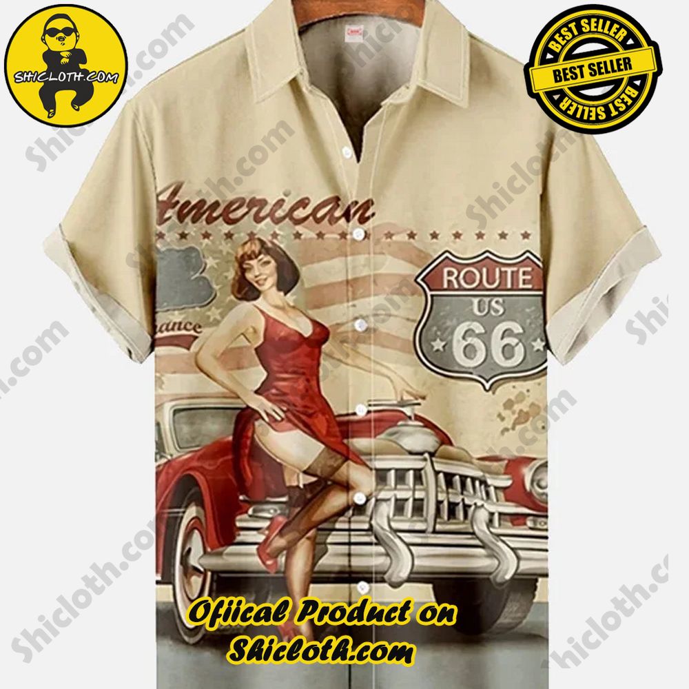Hot Trending Fashion for Summer : Shiclothshop's Hawaiian Shirts 38 Retro Casual Pin Up Girl And Classic Car Route 66 Printing Short Sleeve Shirt