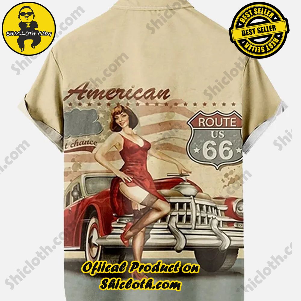 Retro Casual Pin Up Girl And Classic Car Route 66 Printing Short Sleeve Shirt 2 Retro Casual Pin Up Girl And Classic Car Route 66 Printing Short Sleeve Shirt - Image 2
