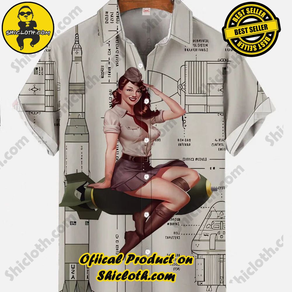 Hot Trending Fashion for Summer : Shiclothshop's Hawaiian Shirts 89 Vintage Pin Up Girl Poster Rocket Blueprint And Missile Girl Printing Short Sleeve Shirt