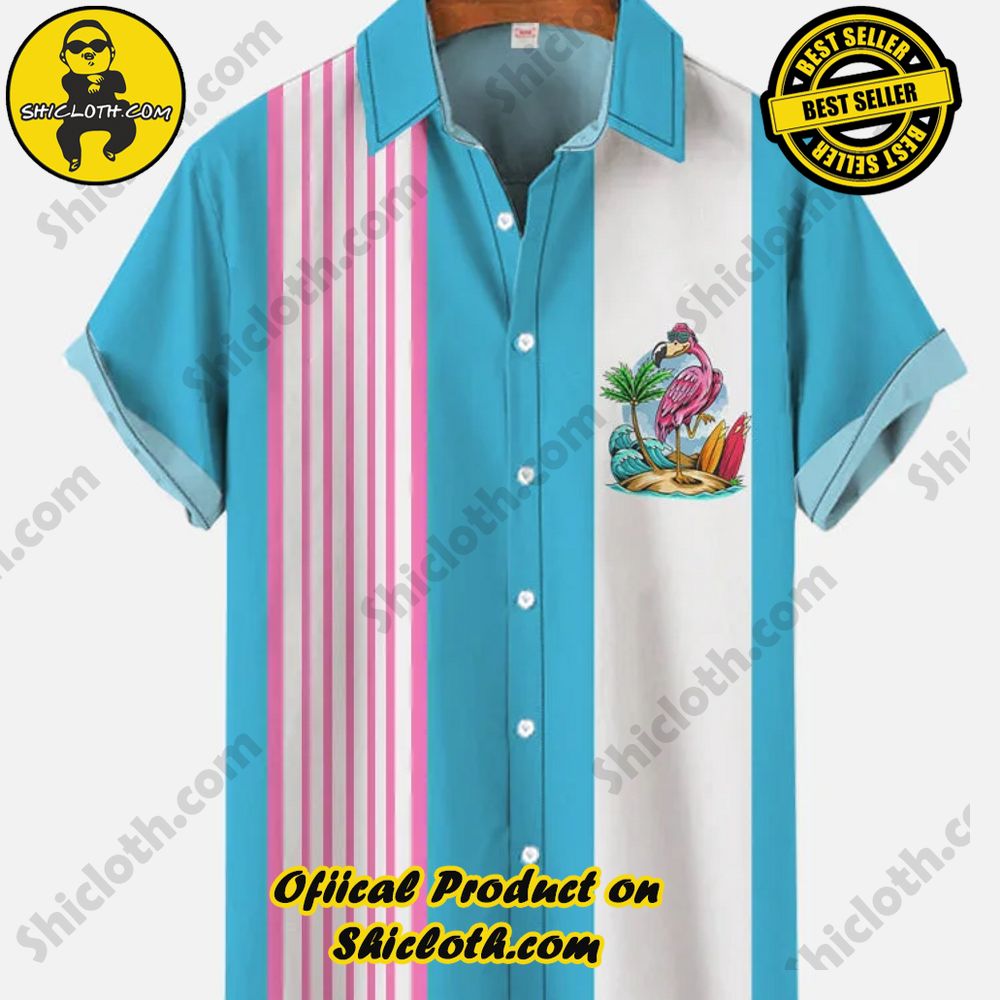 Hot Trending Fashion for Summer : Shiclothshop's Hawaiian Shirts 39 Retro Cyan And White Stitching Exotic Flamingo With Sunglasses On Island Printing Short Sleeve Shirt
