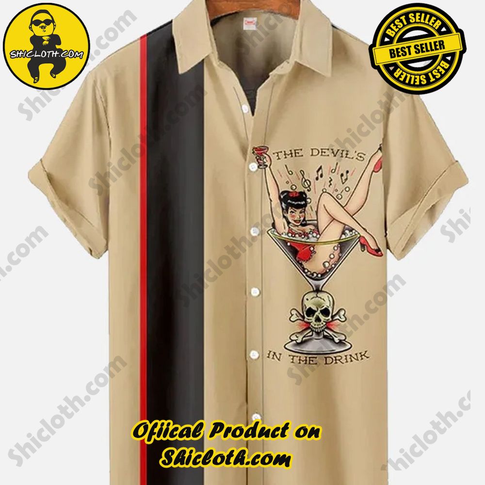 Hot Trending Fashion for Summer : Shiclothshop's Hawaiian Shirts 40 Retro Rock & Roll Art Wine Glass Beauty And Stripes Printing Short Sleeve Shirt