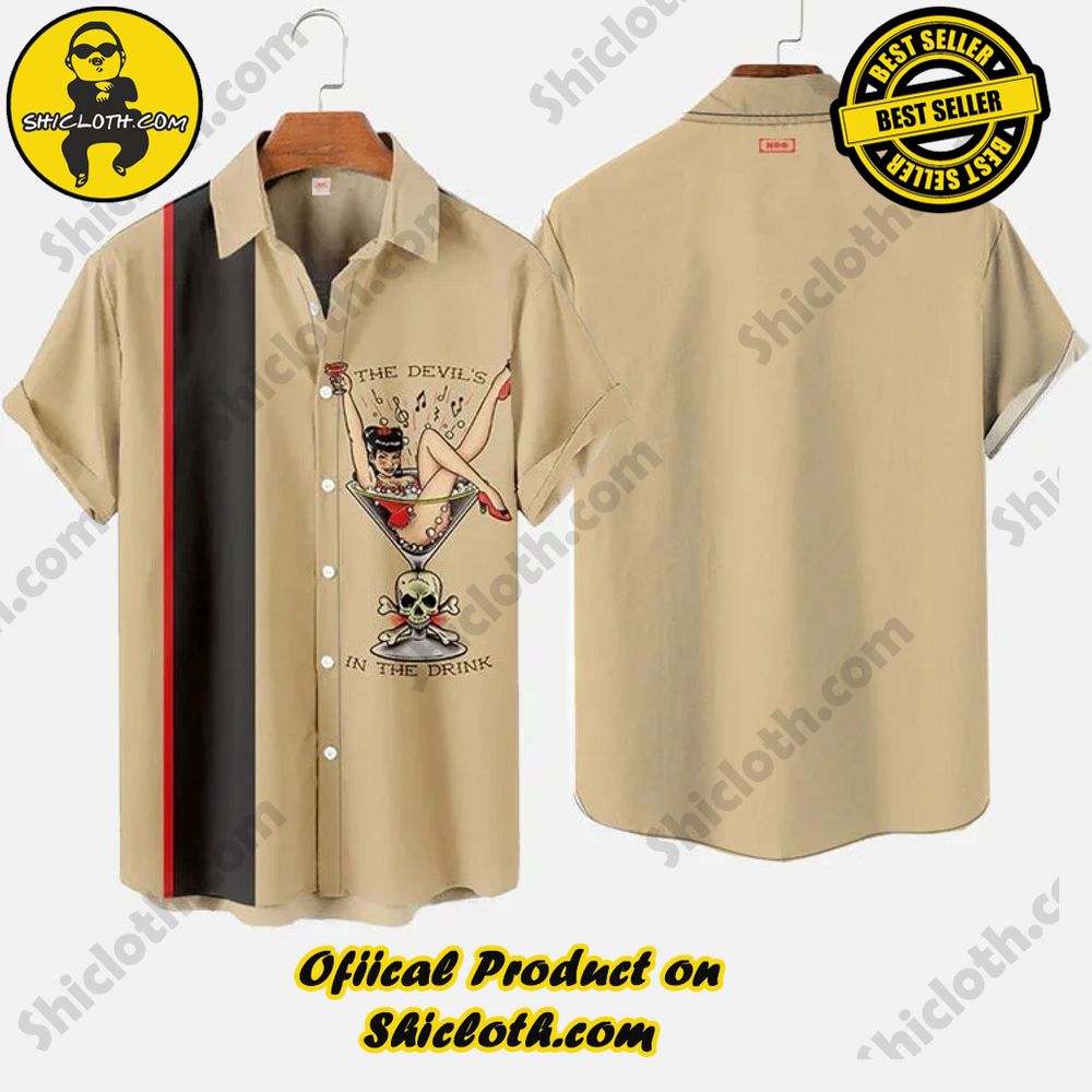 Retro Rock & Roll Art Wine Glass Beauty And Stripes Printing Short Sleeve Shirt 3 Retro Rock & Roll Art Wine Glass Beauty And Stripes Printing Short Sleeve Shirt - Image 3