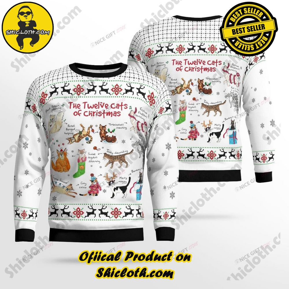 Best Seller Wrap Up in Style: Shicloth's Enchanting Christmas Sweater Collection 49 The Twelve Cats Of Christmas Christmas Ugly Sweater