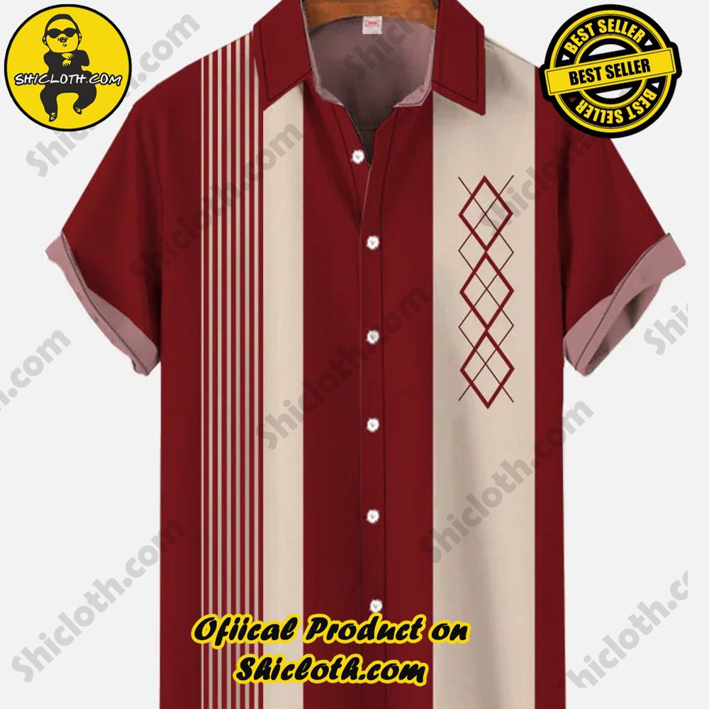 Hot Trending Fashion for Summer : Shiclothshop's Hawaiian Shirts 41 Vintage 1950s Linear Geometric Rhombus Pattern Printing Short Sleeve Shirt