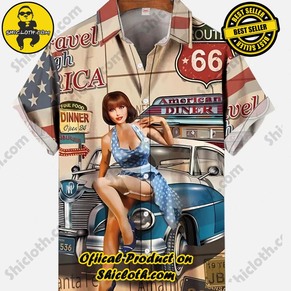 Hot Trending Fashion for Summer : Shiclothshop's Hawaiian Shirts 91 Vintage Pin Up Girl Poster Travel USA Route 66 Retro Car And Girl Printing Short Sleeve Shirt