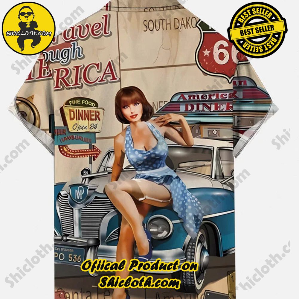 Vintage Pin Up Girl Poster Travel USA Route 66 Retro Car And Girl Printing Short Sleeve Shirt 2 Vintage Pin Up Girl Poster Travel USA Route 66 Retro Car And Girl Printing Short Sleeve Shirt - Image 2