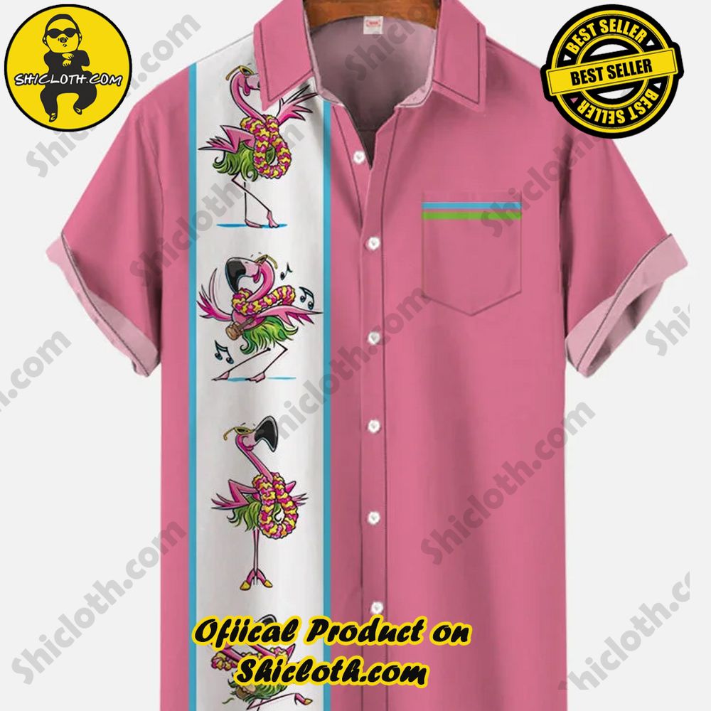 Hot Trending Fashion for Summer : Shiclothshop's Hawaiian Shirts 92 Vintage Pink And White Stripe Stitching Exotic Dancing Flamingo Printing Breast Pocket Short Sleeve Shirt
