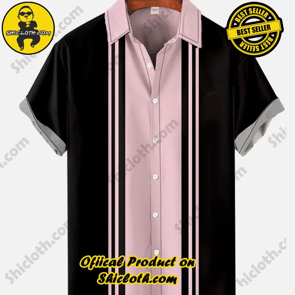 Hot Trending Fashion for Summer : Shiclothshop's Hawaiian Shirts 93 Vintage Pink Black Stripes Printing Short Sleeve Shirt