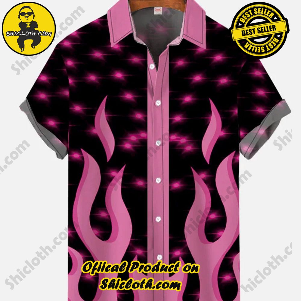 Hot Trending Fashion for Summer : Shiclothshop's Hawaiian Shirts 43 Vintage Black And Pink Stitching Flame And Starlight Printing Short Sleeve Shirt