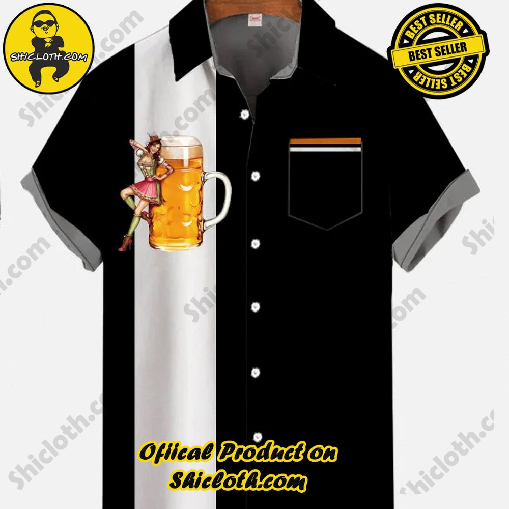 Hot Trending Fashion for Summer : Shiclothshop's Hawaiian Shirts 44 Vintage Black And White Striped Beer Mug Printing Short Sleeve Shirt