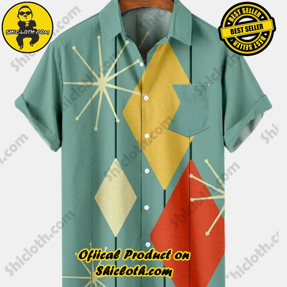 Hot Trending Fashion for Summer : Shiclothshop's Hawaiian Shirts 96 Vintage Square Green Printed Trendy Loose Short Sleeve Shirt
