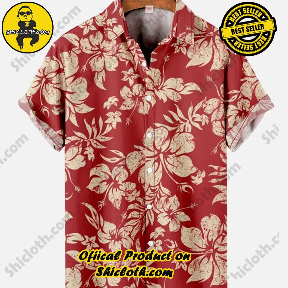 Hot Trending Fashion for Summer : Shiclothshop's Hawaiian Shirts 46 Vintage Casual Red Floral Hawaiian Short Sleeve Shirt