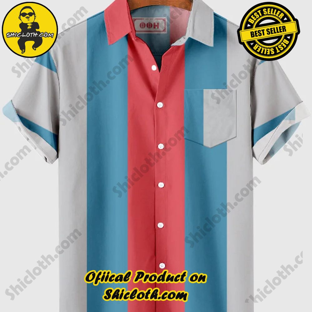 Hot Trending Fashion for Summer : Shiclothshop's Hawaiian Shirts 48 Vintage Gray, Blue and Pink Stripe Printing Men's Short Sleeve Shirt