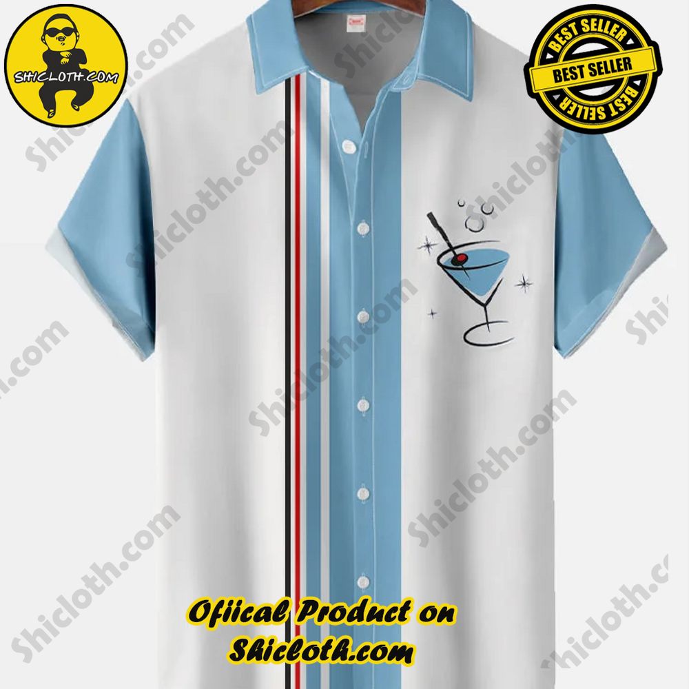 Hot Trending Fashion for Summer : Shiclothshop's Hawaiian Shirts 99 Vintage White And Blue Contrast Color Stripes Cup Pattern Martini Glasses Printing Short Sleeve Shirt