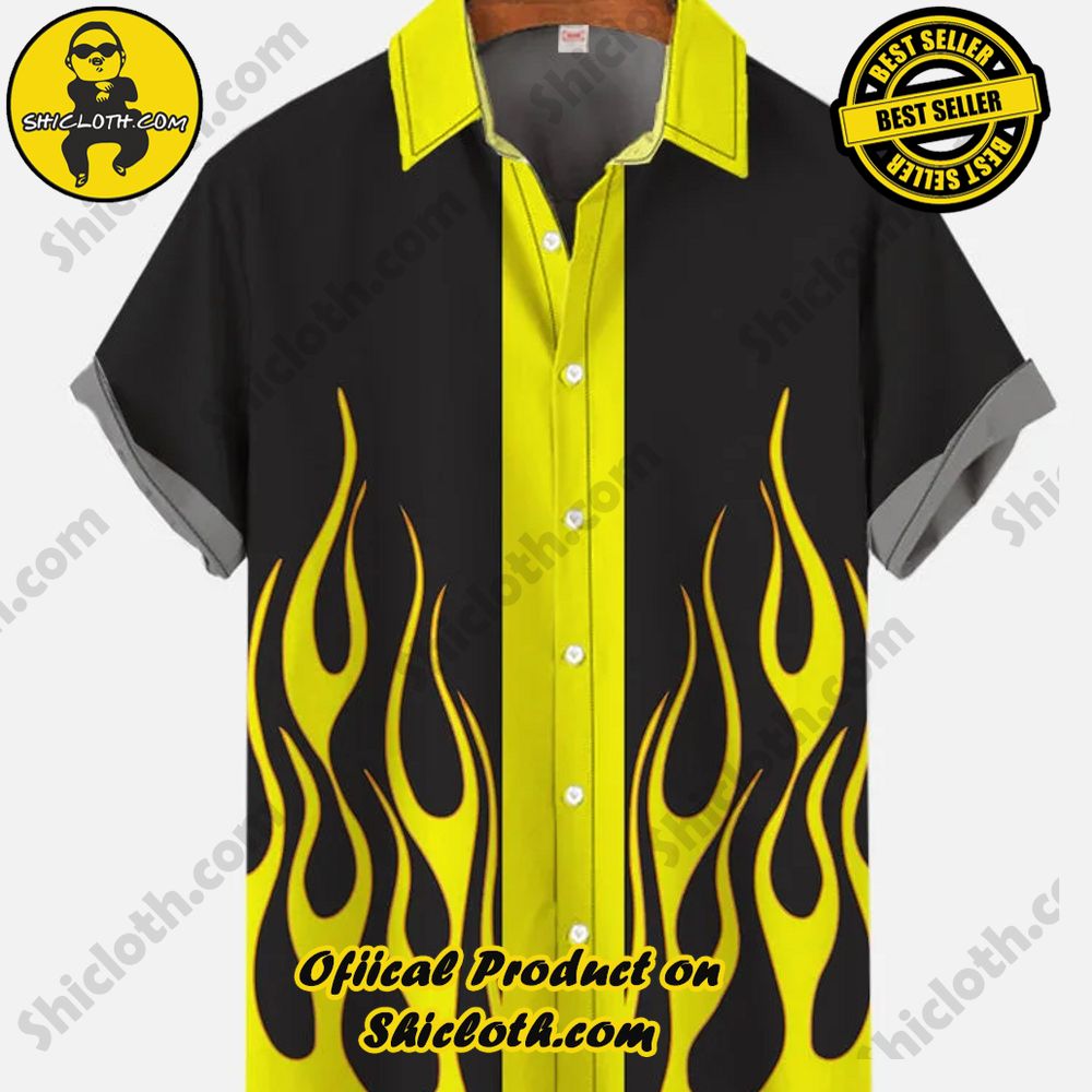 Hot Trending Fashion for Summer : Shiclothshop's Hawaiian Shirts 101 Yellow Burning Fire Flame Black Yellow Contrasting Color Printing Short Sleeve Shirt