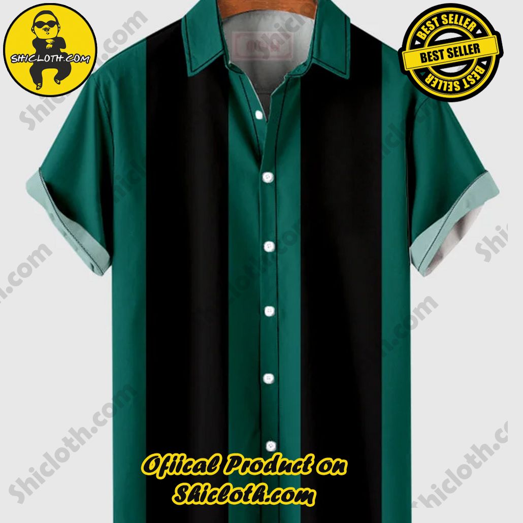Sway into Summer Bliss with Shiclothshop's Tropical Elegance: The Hawaiian Shirt Collection 5 1960s Black-Green Stripe Button Down Men's Camp Hawaiian Shirt And Short