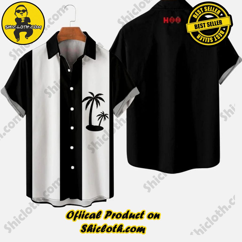 1960s Black & White Stripe Coconut Tree Printing Men’s Short Sleeve Shirt 1960s Black & White Stripe Coconut Tree Printing Men’s Short Sleeve Shirt