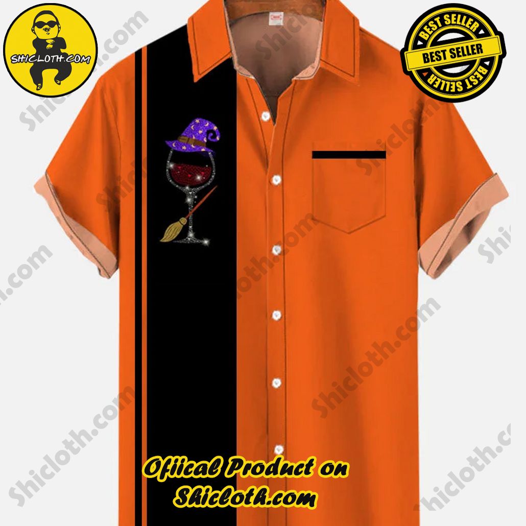 Bare the Breeze: Shiclothshop's Short Sleeve Shirts Unveiled 102 1960s Halloween Element Black And Orange Stitching Witch Goblet Printing Short Sleeve Shirt