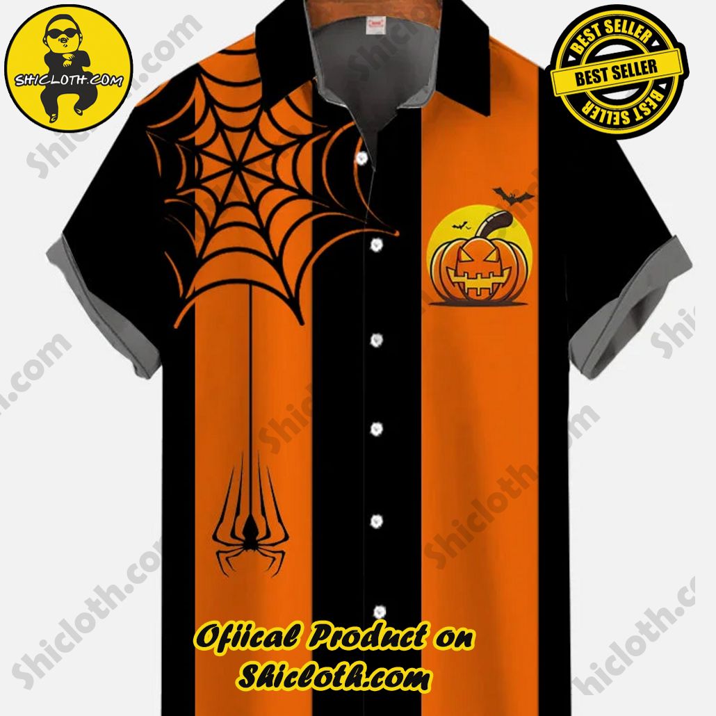Bare the Breeze: Shiclothshop's Short Sleeve Shirts Unveiled 103 1960s Halloween Element Vintage Black And Orange Stitching Pumpkin And Spider Printing Short Sleeve Shirt